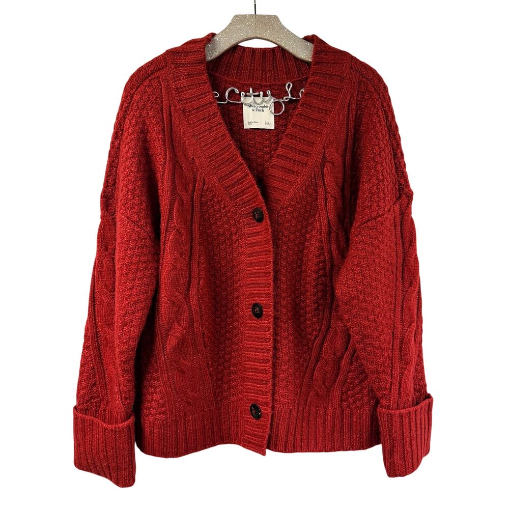 Abercrombie & Fitch Red Cable Knit Sweater Large V Neck Soft Plush